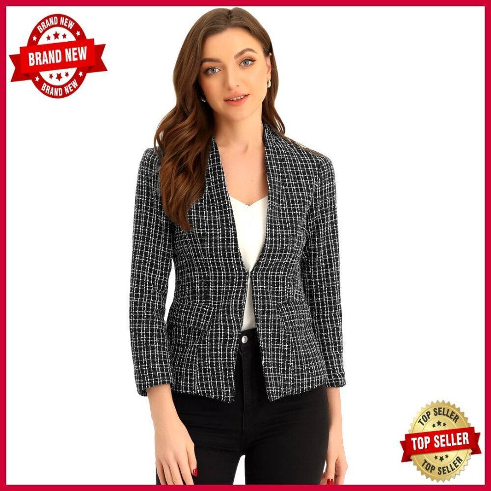 Plaid Tweed Blazer Long Sleeve Collarless V-Neck Office Work Jacket